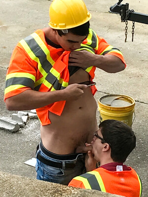 Two workers engage in a gay session where Axel sucks Will&#39;s dick